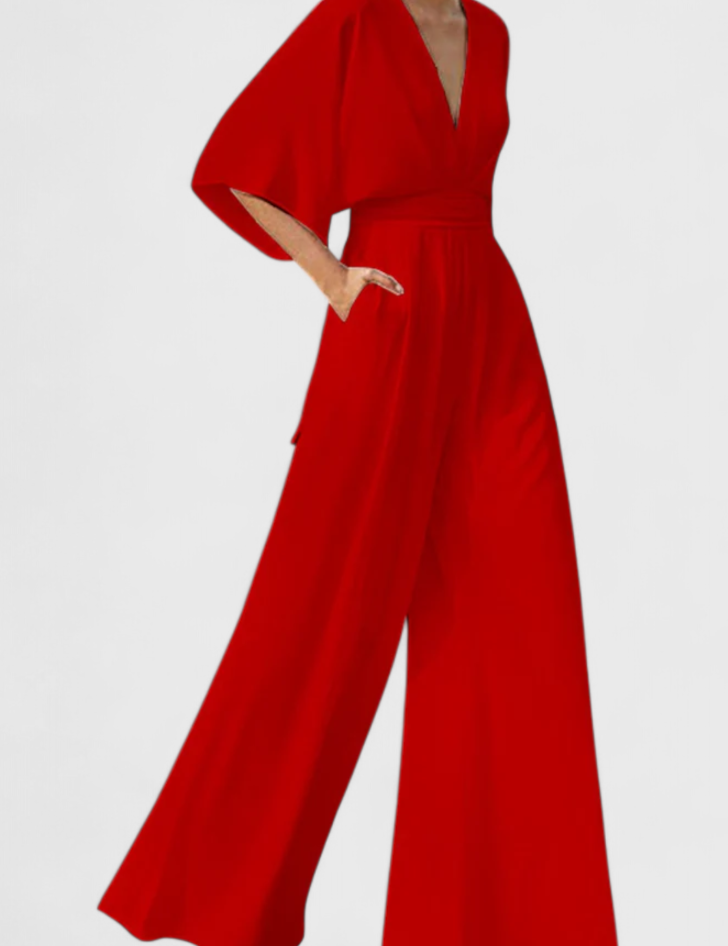 Isaura Mono Largo Elegante con Pierna Ancha y Escote en V