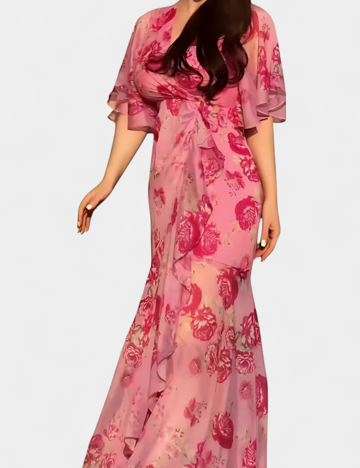 Sima Vestido Cruzado Estampado con Escote en V y Mangas Acampanadas