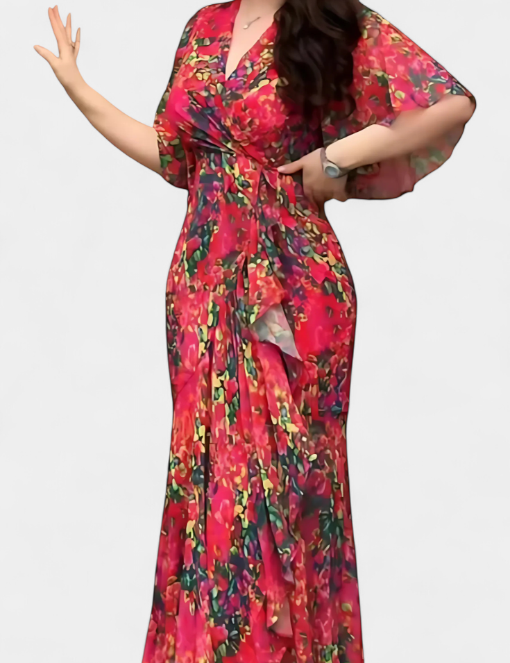 Sima Vestido Cruzado Estampado con Escote en V y Mangas Acampanadas