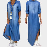 Lea™ | Vestido largo denim con abertura lateral