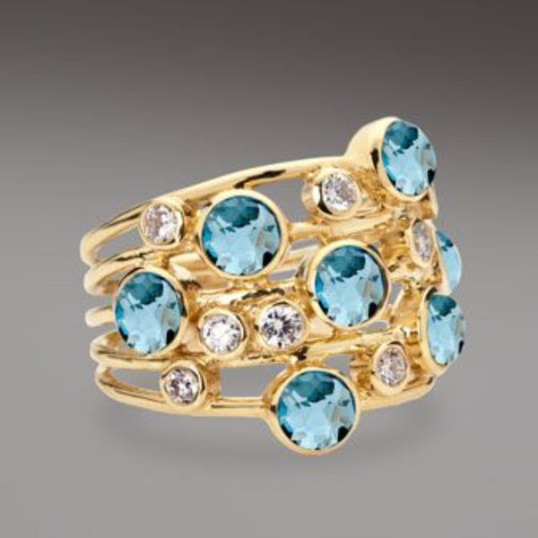 Anillo Vintage en Oro con Múltiples Zircónias Azules y Blancas