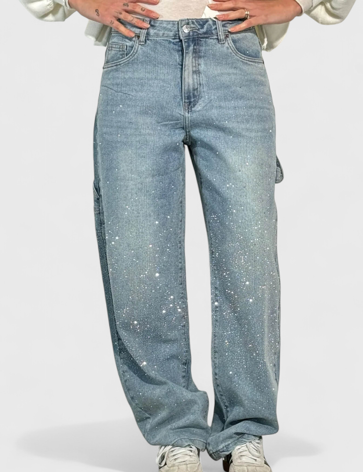 Dariya Jeans Cargo Balloon con Brillo y Aplicaciones de Pedrería