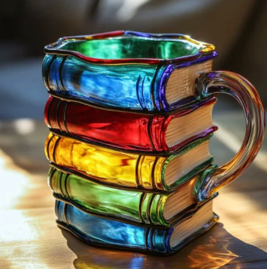 Taza artística 3D colorida con tema de libros