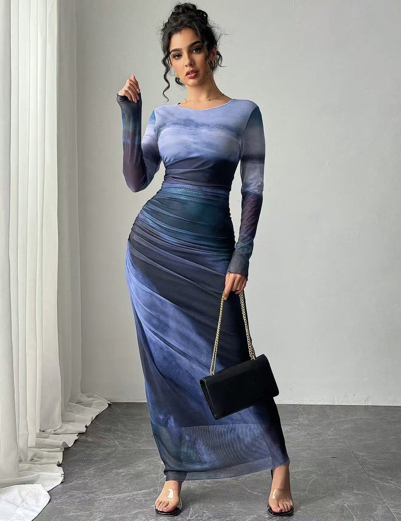 Natalia | Vestido Maxi Bodycon de Manga Larga Impreso y Cómodo