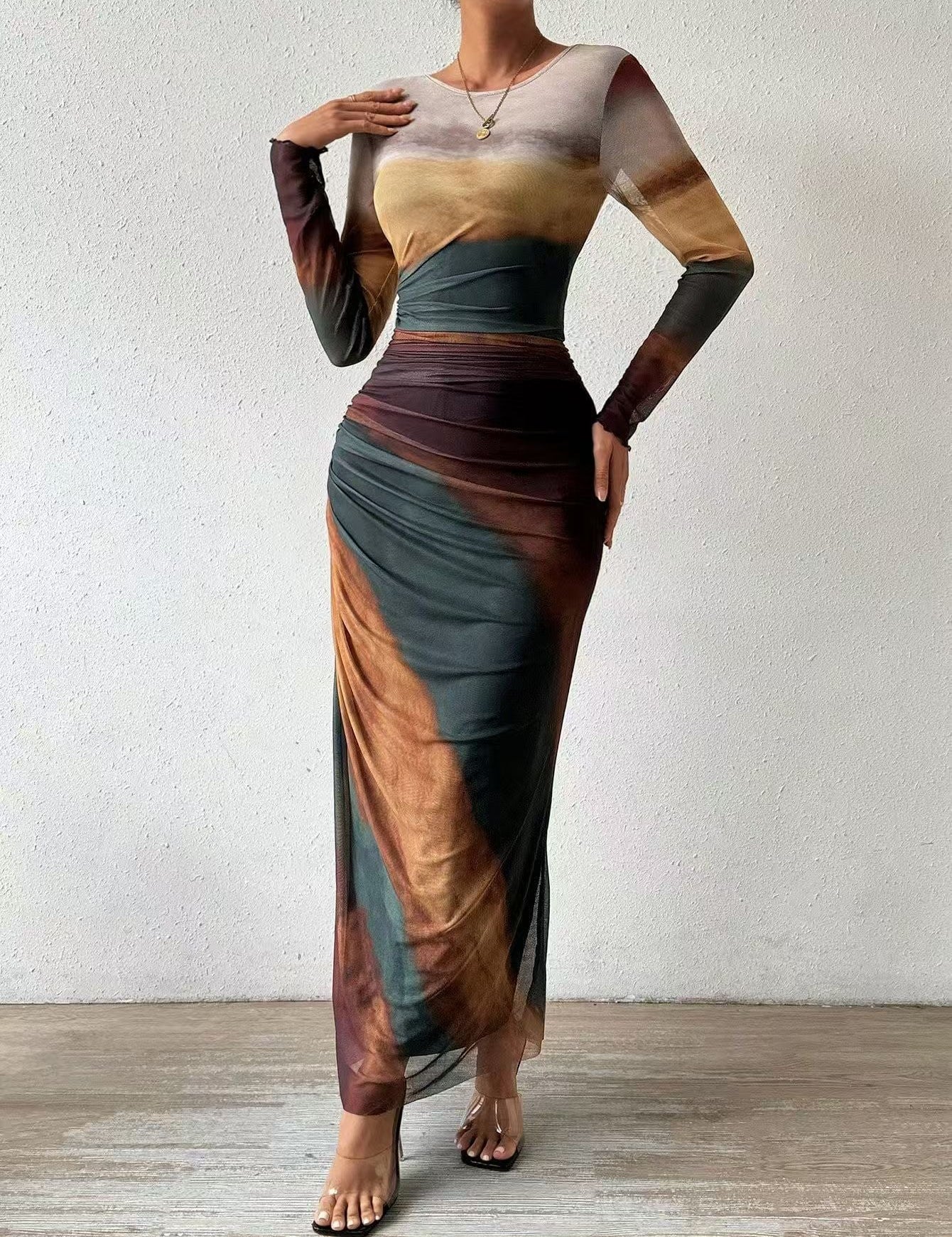 Natalia | Vestido Maxi Bodycon de Manga Larga Impreso y Cómodo