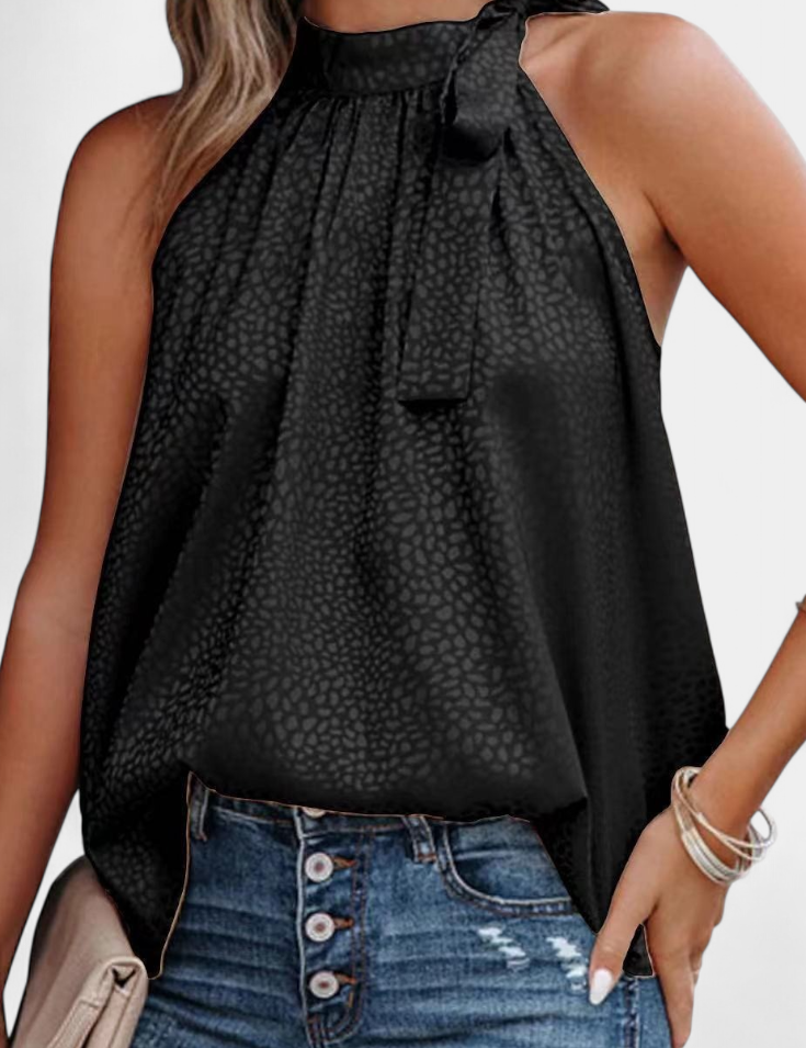 Adela | Top sin Mangas de Leopardo con Cuello Alto y Lazo