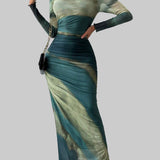 Natalia | Vestido Maxi Bodycon de Manga Larga Impreso y Cómodo