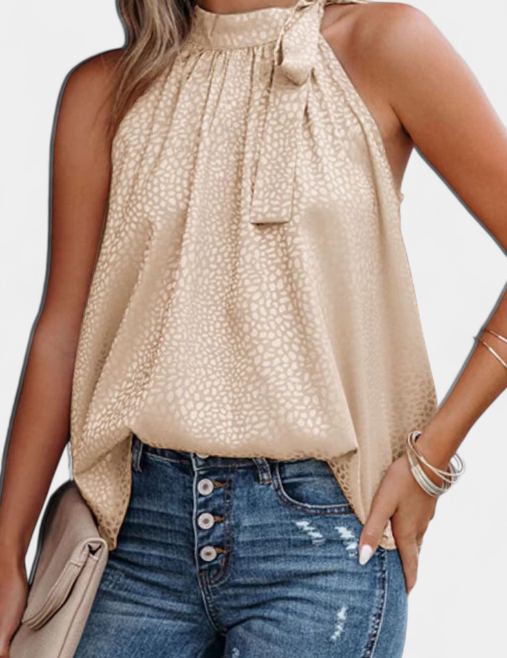 Adela | Top sin Mangas de Leopardo con Cuello Alto y Lazo