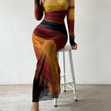 Natalia | Vestido Maxi Bodycon de Manga Larga Impreso y Cómodo