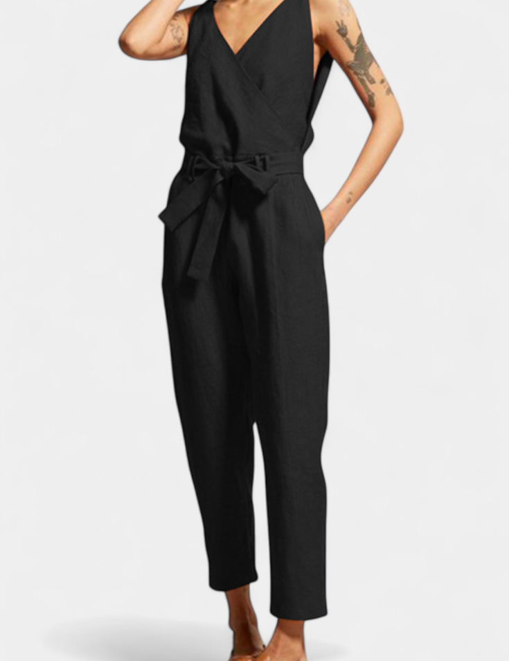 Maggie Mono Sin Mangas con Escote en V y Cintura Cruzada en Algodón