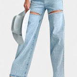 Evian Jeans Ripped Straight-Leg con Rhinestones