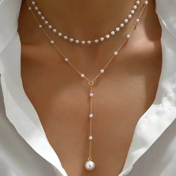 Collar de Dos Vueltas de Perlas Colgantes