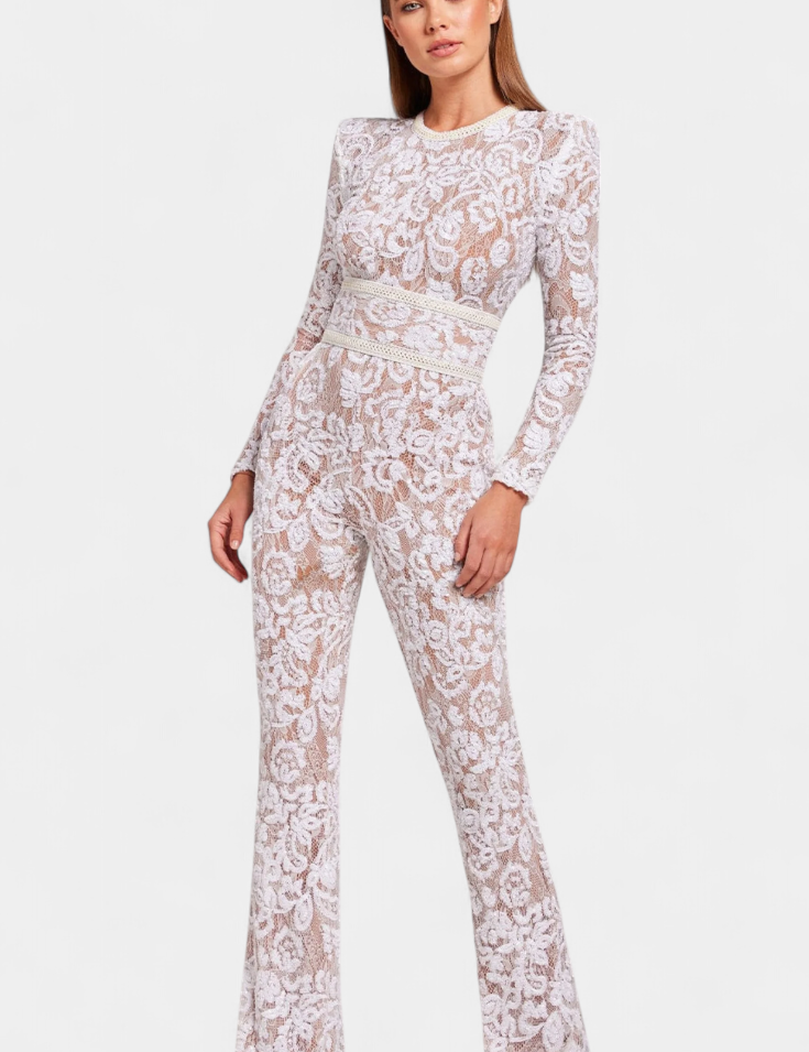 Jimena Mono de Encaje con Lentejuelas y Cinturón