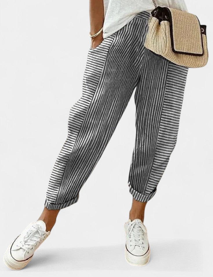 Alba Pantalones de Mezcla de Lino a Rayas
