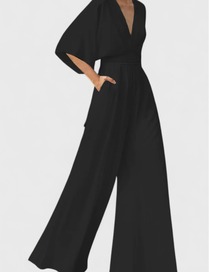 Isaura Mono Largo Elegante con Pierna Ancha y Escote en V