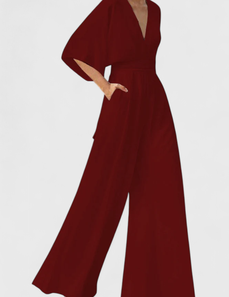 Isaura Mono Largo Elegante con Pierna Ancha y Escote en V