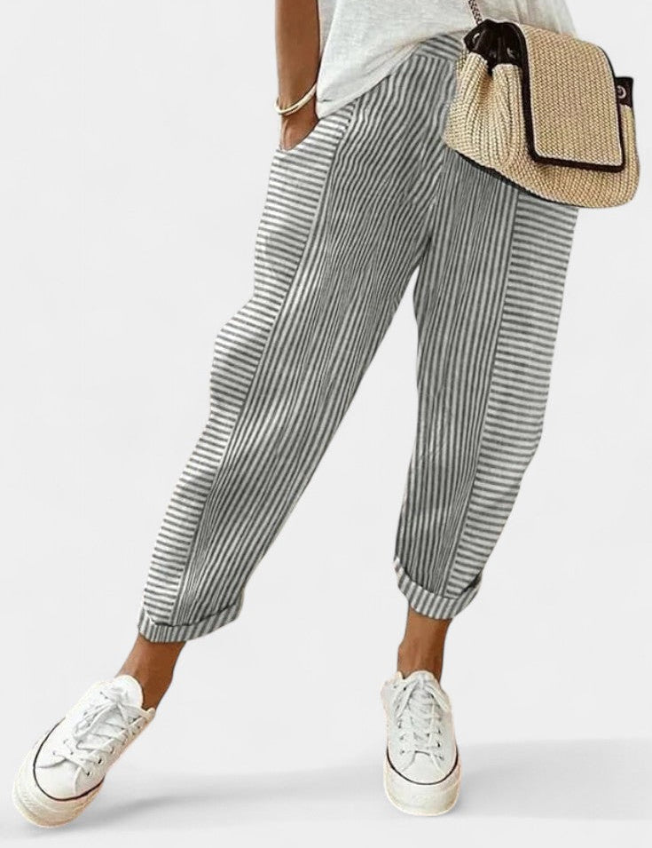 Alba Pantalones de Mezcla de Lino a Rayas