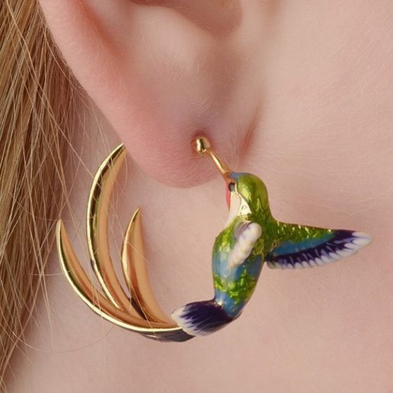 Aros Vintage con Colibrí en Esmalte