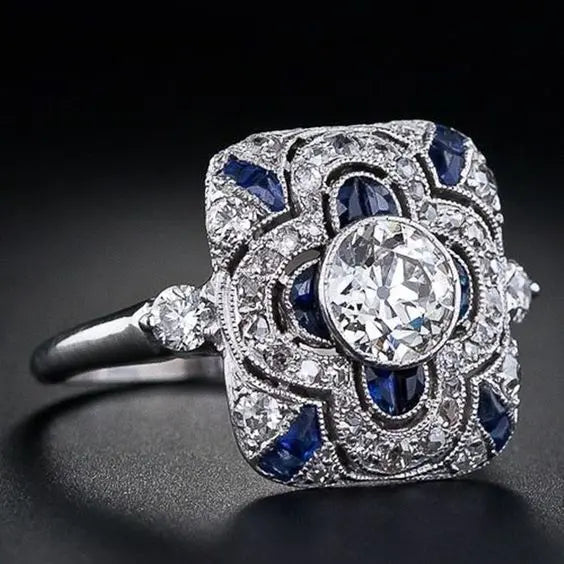 Anillo Vintage en Plateado con Zircónia Azul