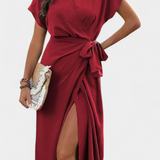 Begoña Vestido Cruzado con Cinturón y Abertura Sutil