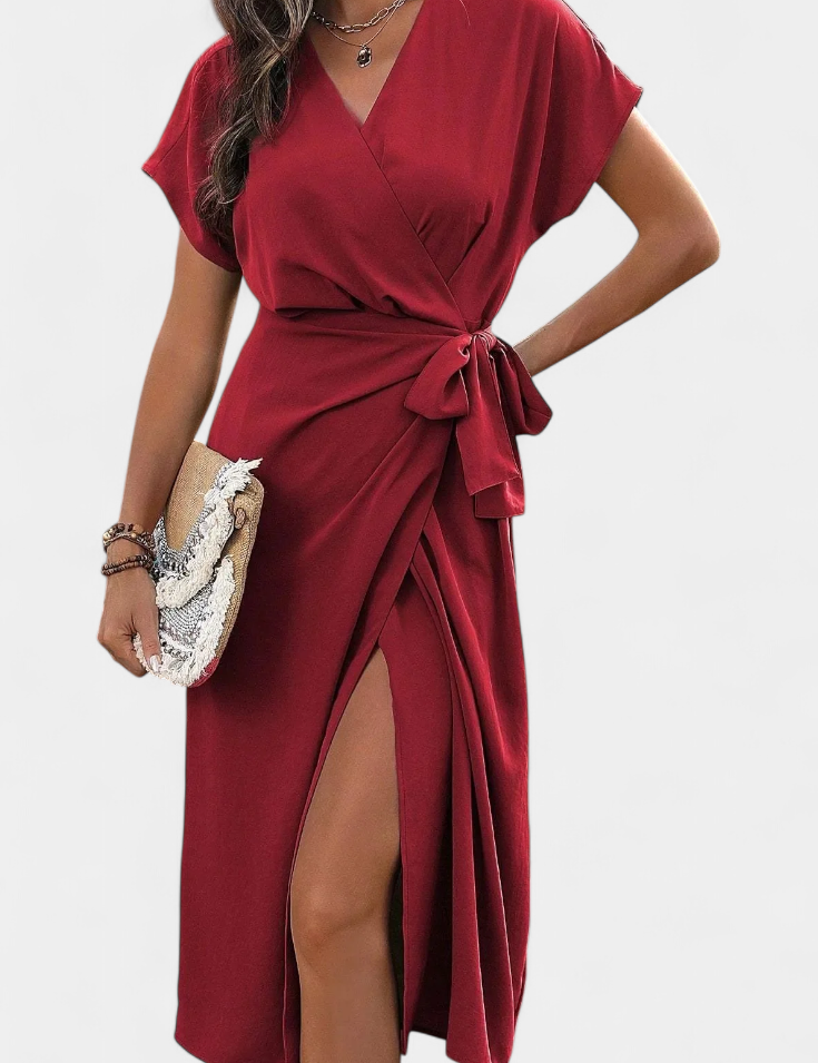 Begoña Vestido Cruzado con Cinturón y Abertura Sutil