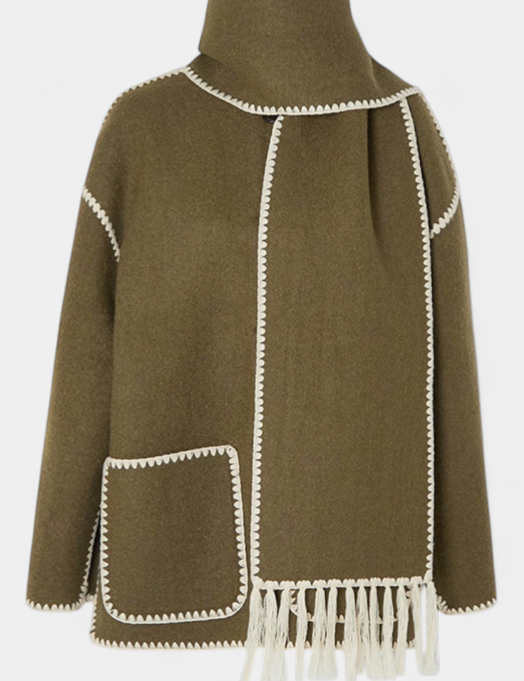 Pauline | Abrigo de Corte Suelto con Bufanda de Flecos Incorporada