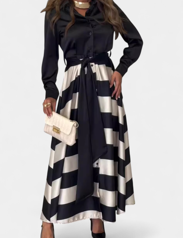 Nessia Vestido Camisero Largo a Rayas con Cinturón