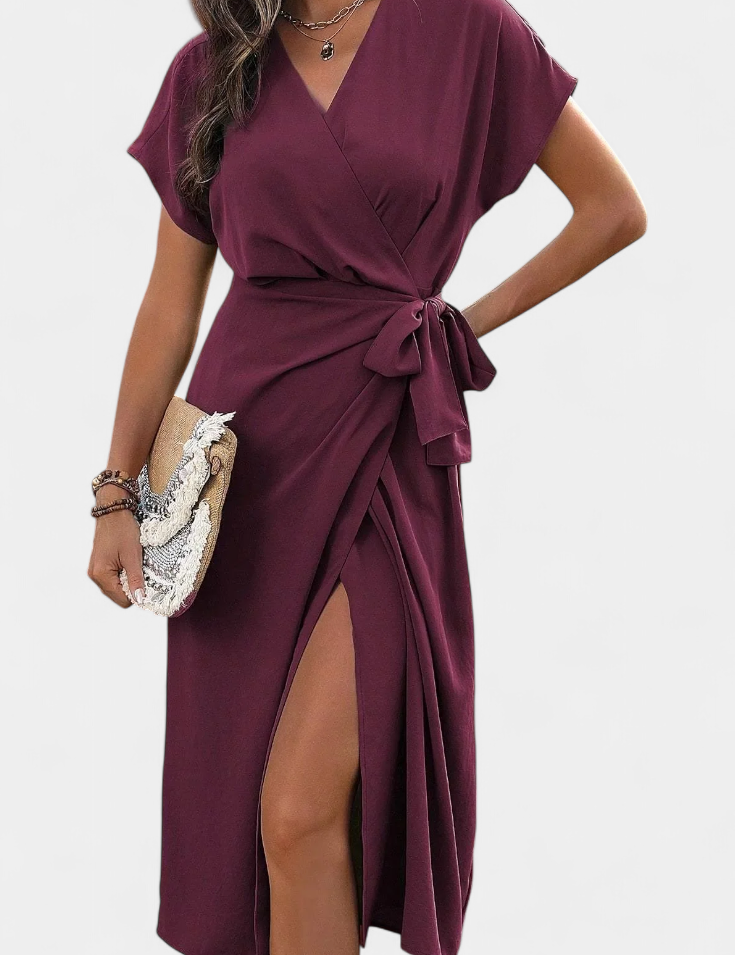 Begoña Vestido Cruzado con Cinturón y Abertura Sutil