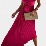 Leire Vestido de Cóctel Asimétrico con Aplique Floral y Falda Plisada