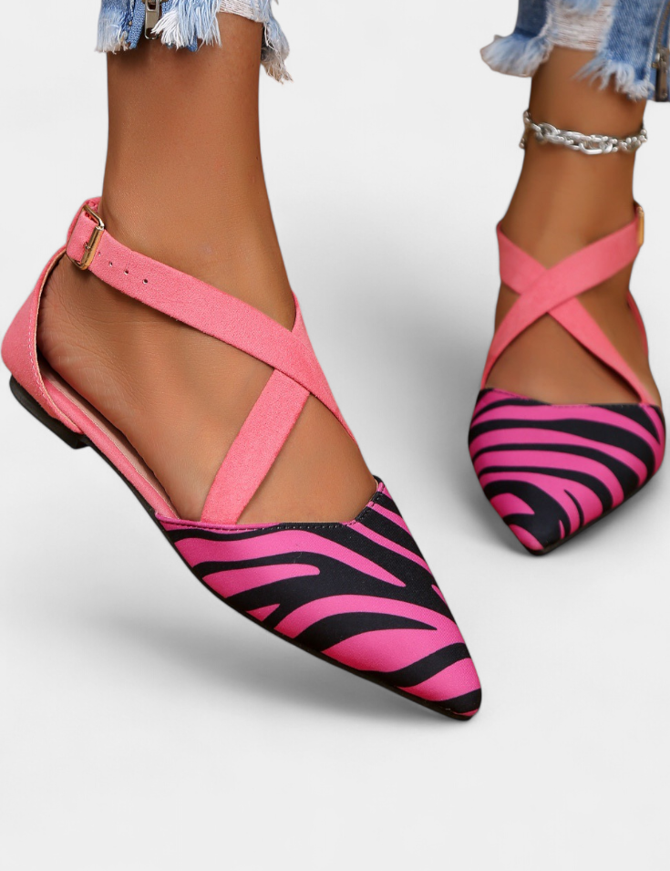 Fenna Bailarinas con Estampado de Cebra y Tiras Cruzadas