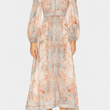 Dorotila Vestido Maxi Acampanado con Estampado Floral, Botones y Mangas Globo