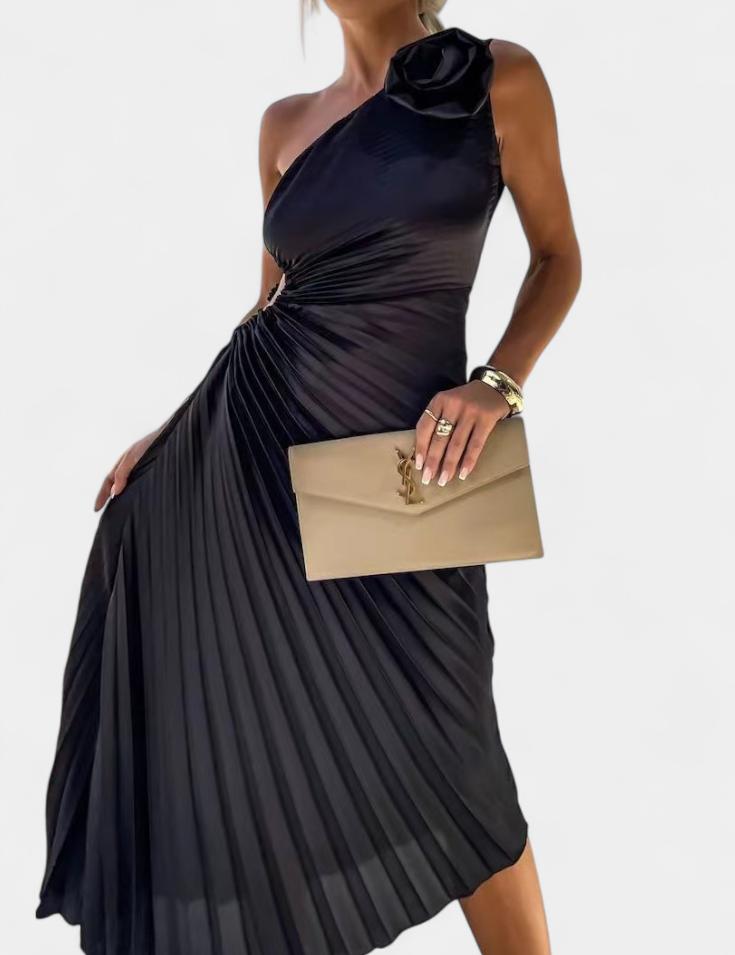 Leire Vestido de Cóctel Asimétrico con Aplique Floral y Falda Plisada