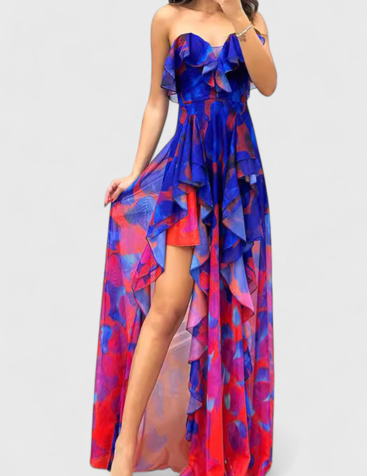 Andy Vestido Maxi Sin Mangas con Capas de Volantes y Abertura Gradiente