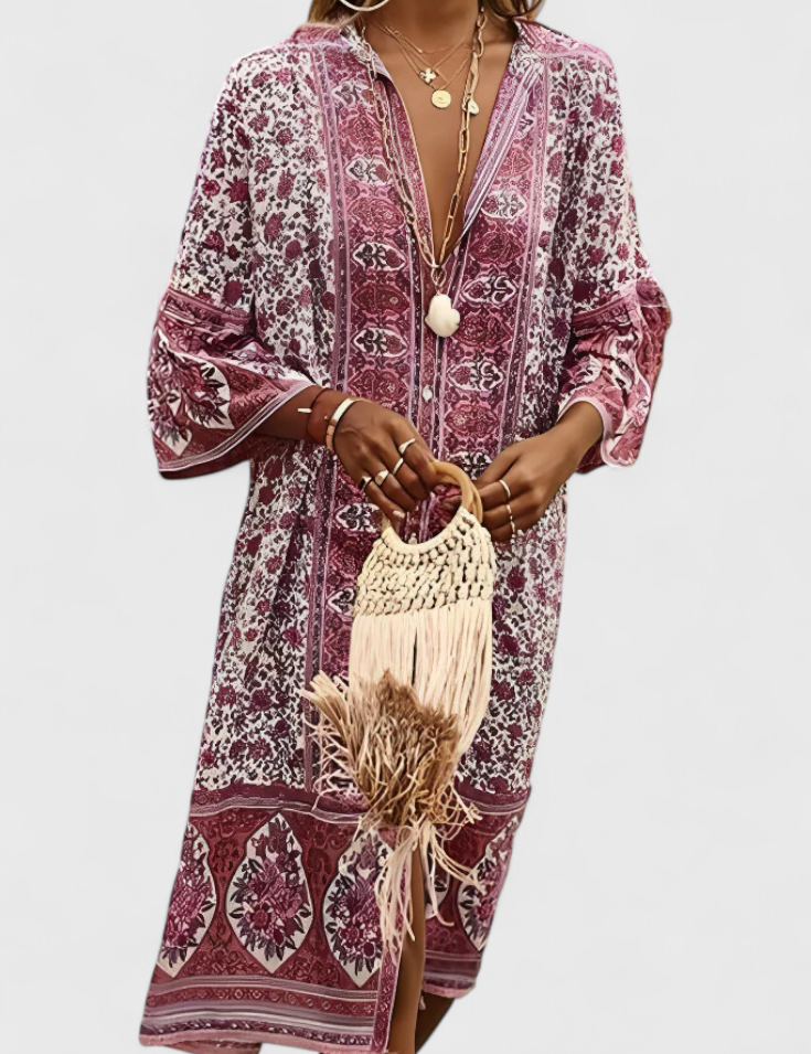 Chinara Vestido Largo Boho con Bordado Étnico y Silueta Relajada