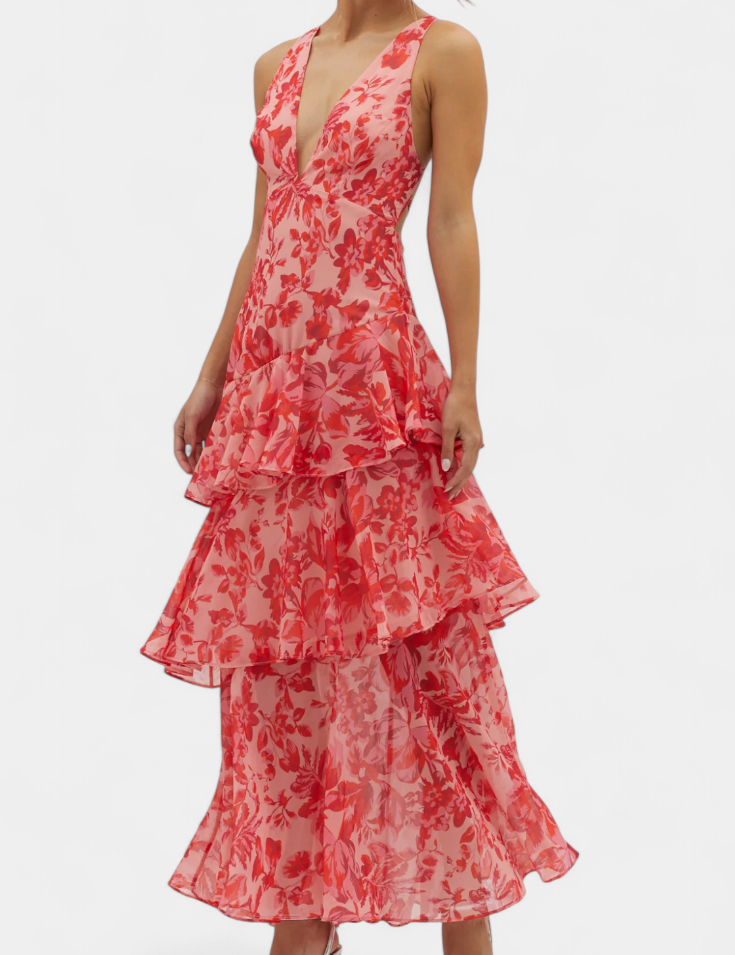 Domenica Vestido de Gasa con Escote en V y Capas Fluidas