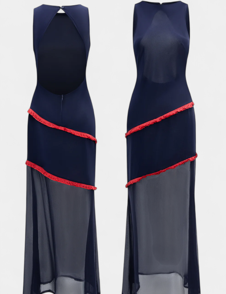 Orfila Vestido Midi Bodycon con Gasa y Flecos a Contraste