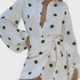 Romara Vestido Mini de Lunares con Manga Larga y Cintura Entallada