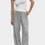 Elva Pantalones de Lentejuelas de Cintura Alta y Corte Holgado