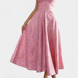 Gilda Vestido Midi Jacquard con Espalda Abierta y Cintura Alta