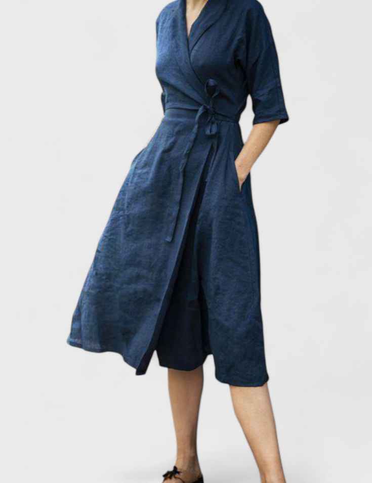 Sharon Vestido Midi Vintage de Algodón y Lino con Cuello de Solapa