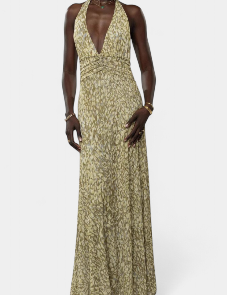 Melodía Vestido Maxi de Lunares con Escote Halter y Cintura Fruncida