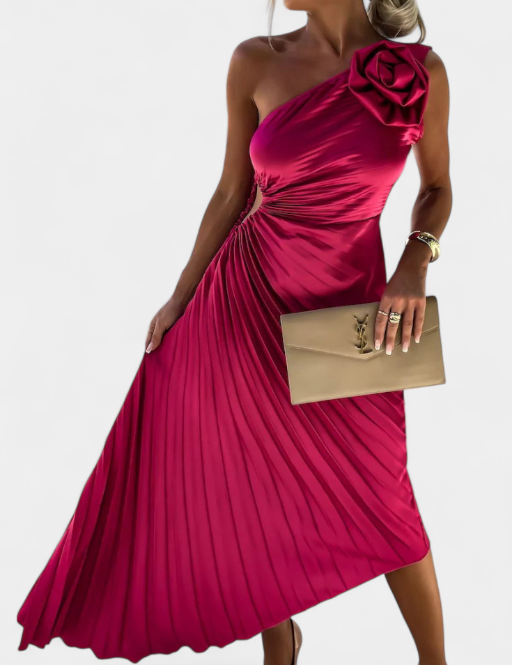 Leire Vestido de Cóctel Asimétrico con Aplique Floral y Falda Plisada