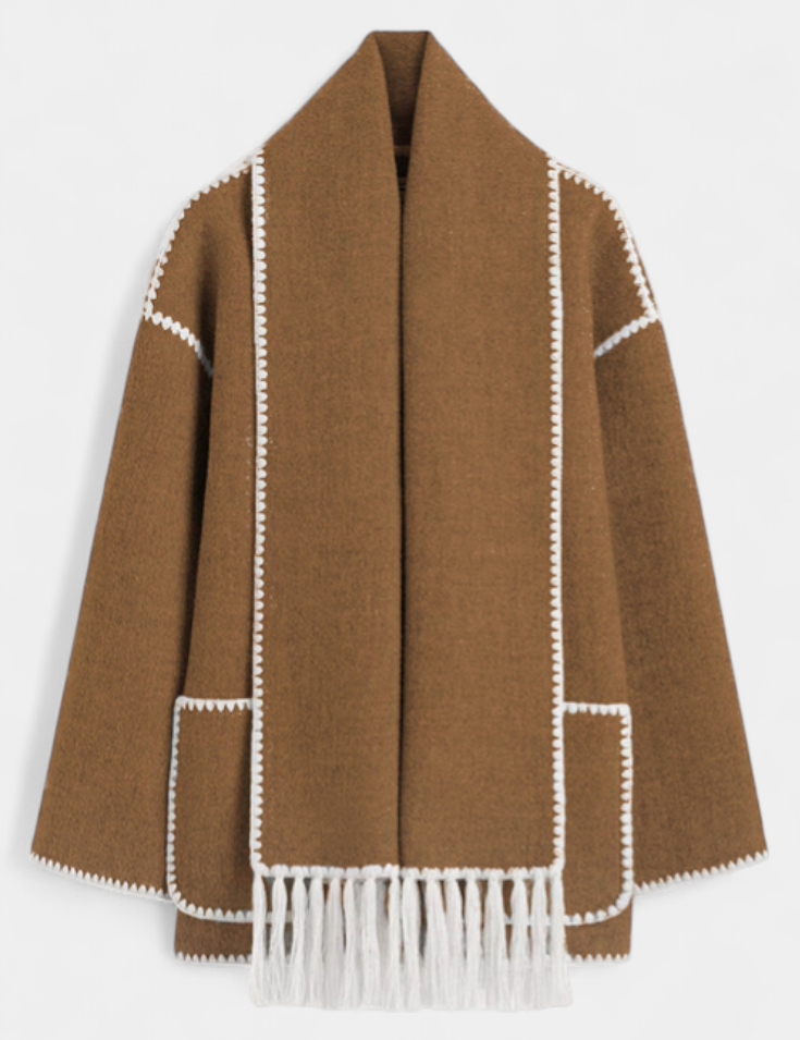 Pauline | Abrigo de Corte Suelto con Bufanda de Flecos Incorporada