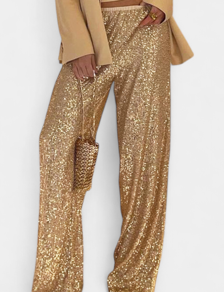 Elva Pantalones de Lentejuelas de Cintura Alta y Corte Holgado