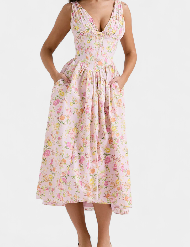 Margie Vestido Midi de Escote en V y Estampado Floral Romántico