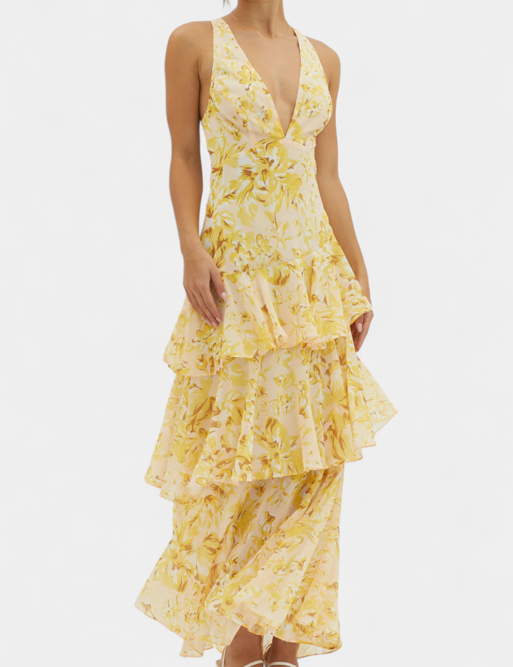 Domenica Vestido de Gasa con Escote en V y Capas Fluidas