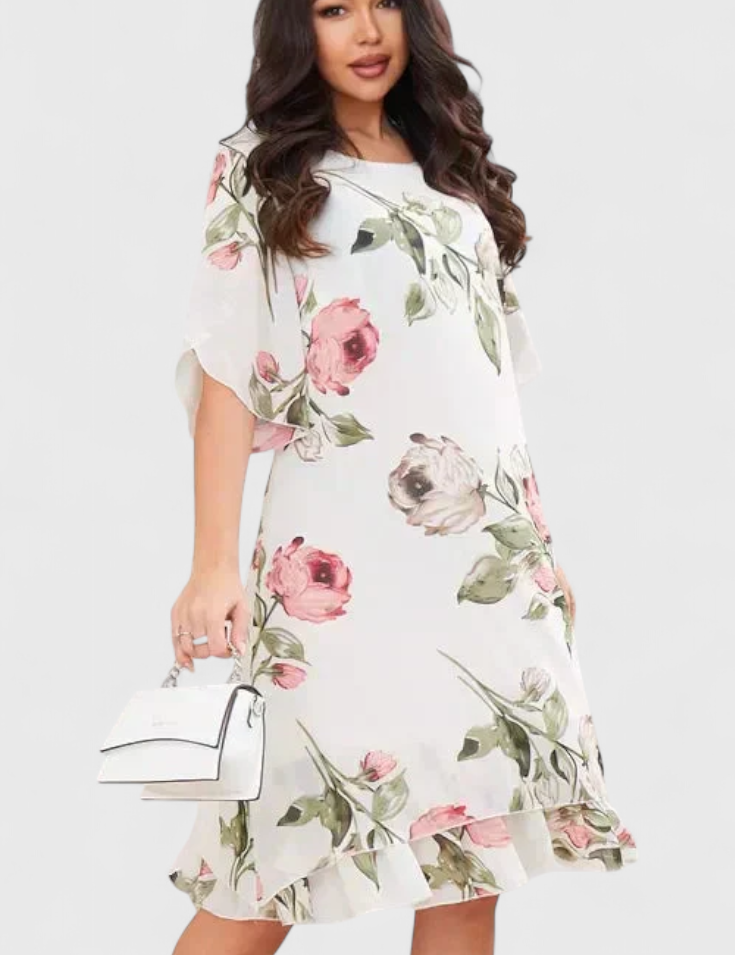 Tameka Vestido de Gasa Fluida con Pétalos y Mangas Transparentes