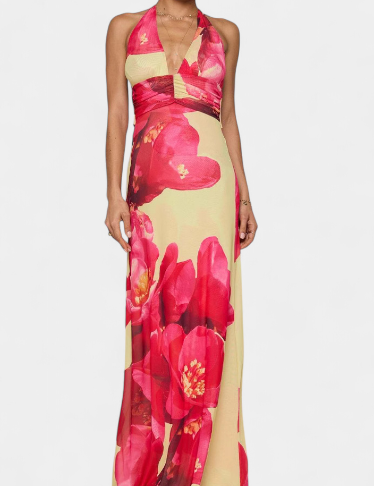 Melodía Vestido Maxi de Lunares con Escote Halter y Cintura Fruncida