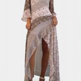 Ruth Vestido Largo Floral con Mangas 3/4 y Paneles Volantes