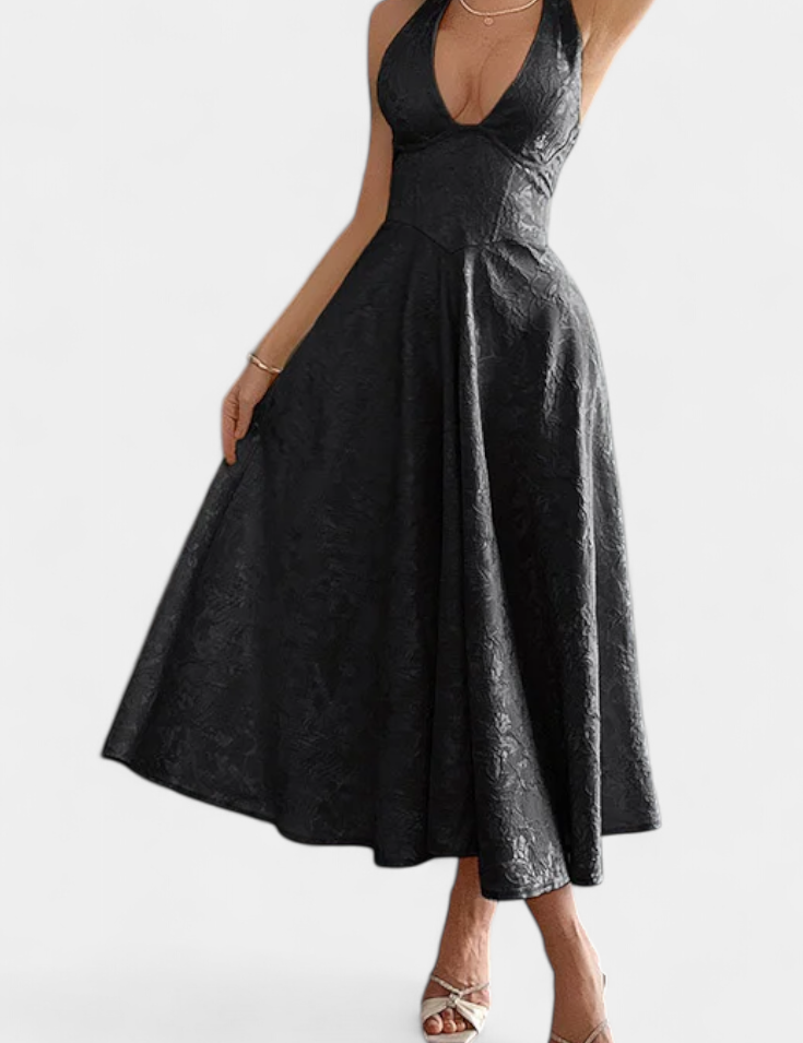 Gilda Vestido Midi Jacquard con Espalda Abierta y Cintura Alta